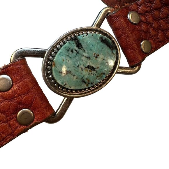Leather Rock Let Rock Leather Belt Western Boho Y2K Turquoise Stone Jeweled - Picture 4 of 15